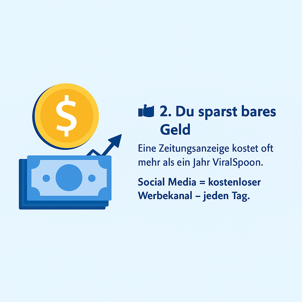 Geldschein und Dollarmünze mit Erklärtext zur Geldersparnis mit ViralSpoon