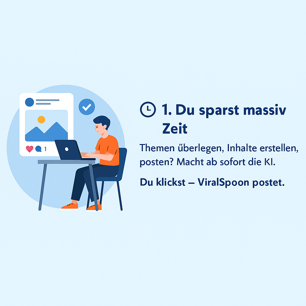 Bild mit Posting im Hintergrund und einem Menschen am Laptop, Erklärtext zur Zeitersparnis mit Viral Spoon